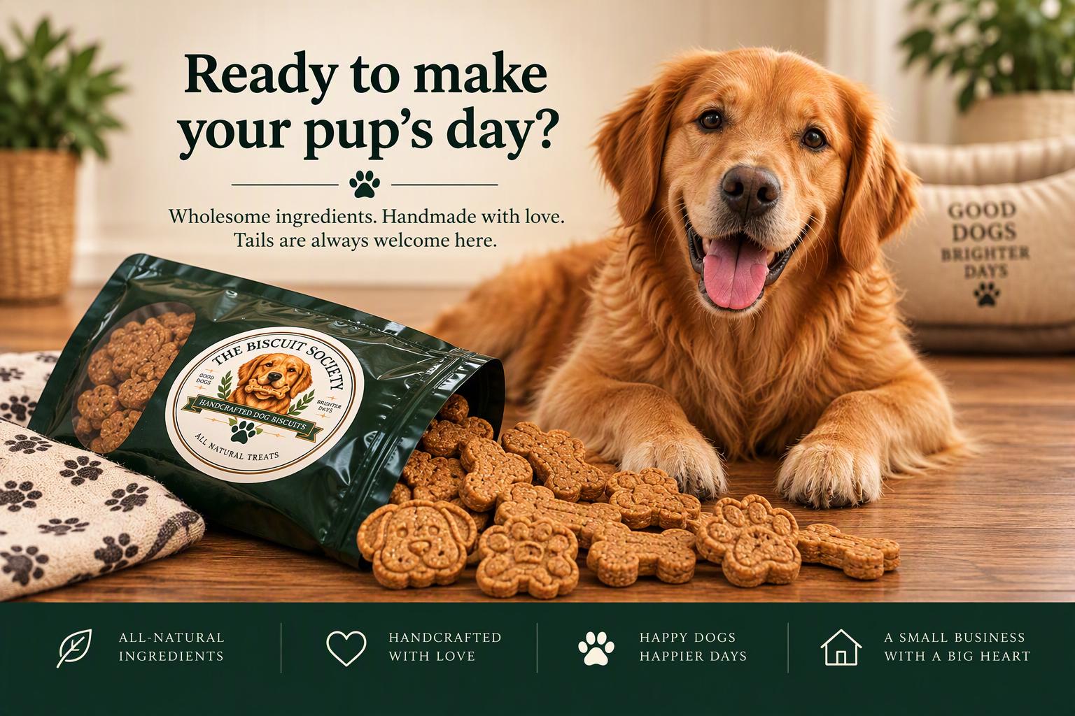 Golden retriever with handmade dog biscuits and green biscuit bag