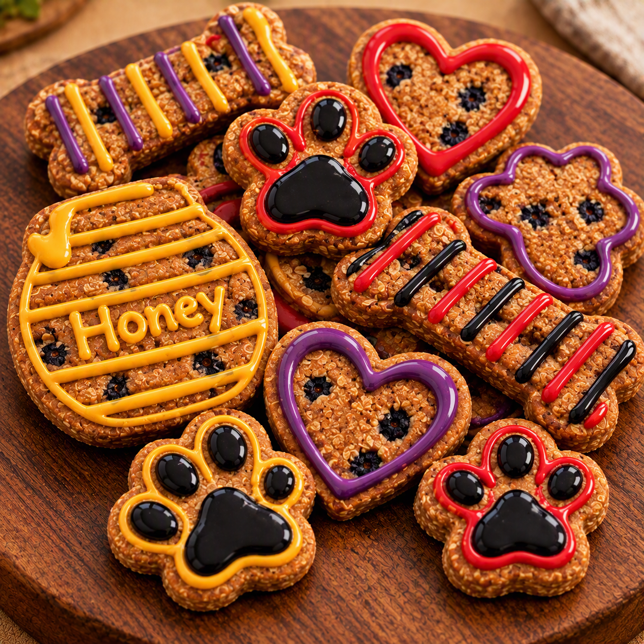 Close-up of The Blueberry Patch Reserve coated biscuits showing colorful icing detail