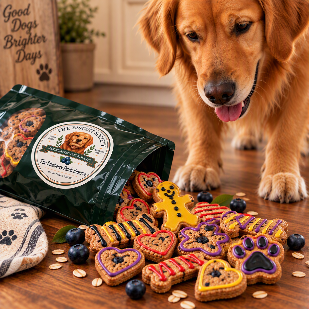 Golden retriever with The Blueberry Patch Reserve coated biscuits spilled from packaging