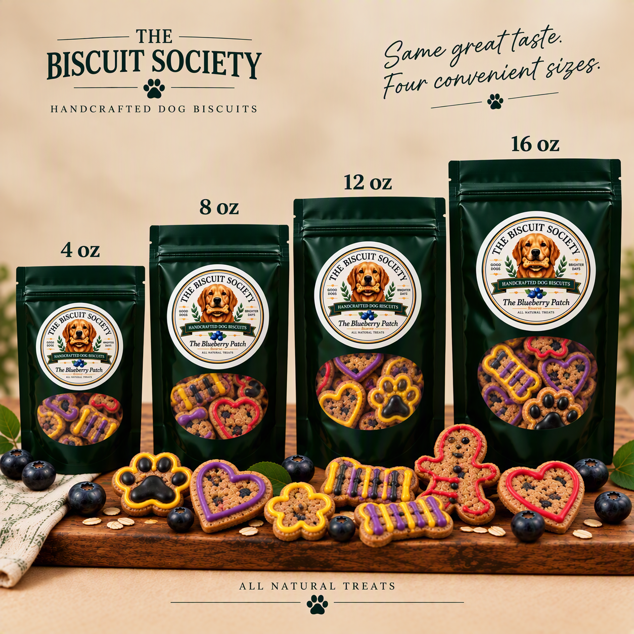 The Blueberry Patch Reserve bags in all four sizes — 4 oz, 8 oz, 12 oz, and 16 oz