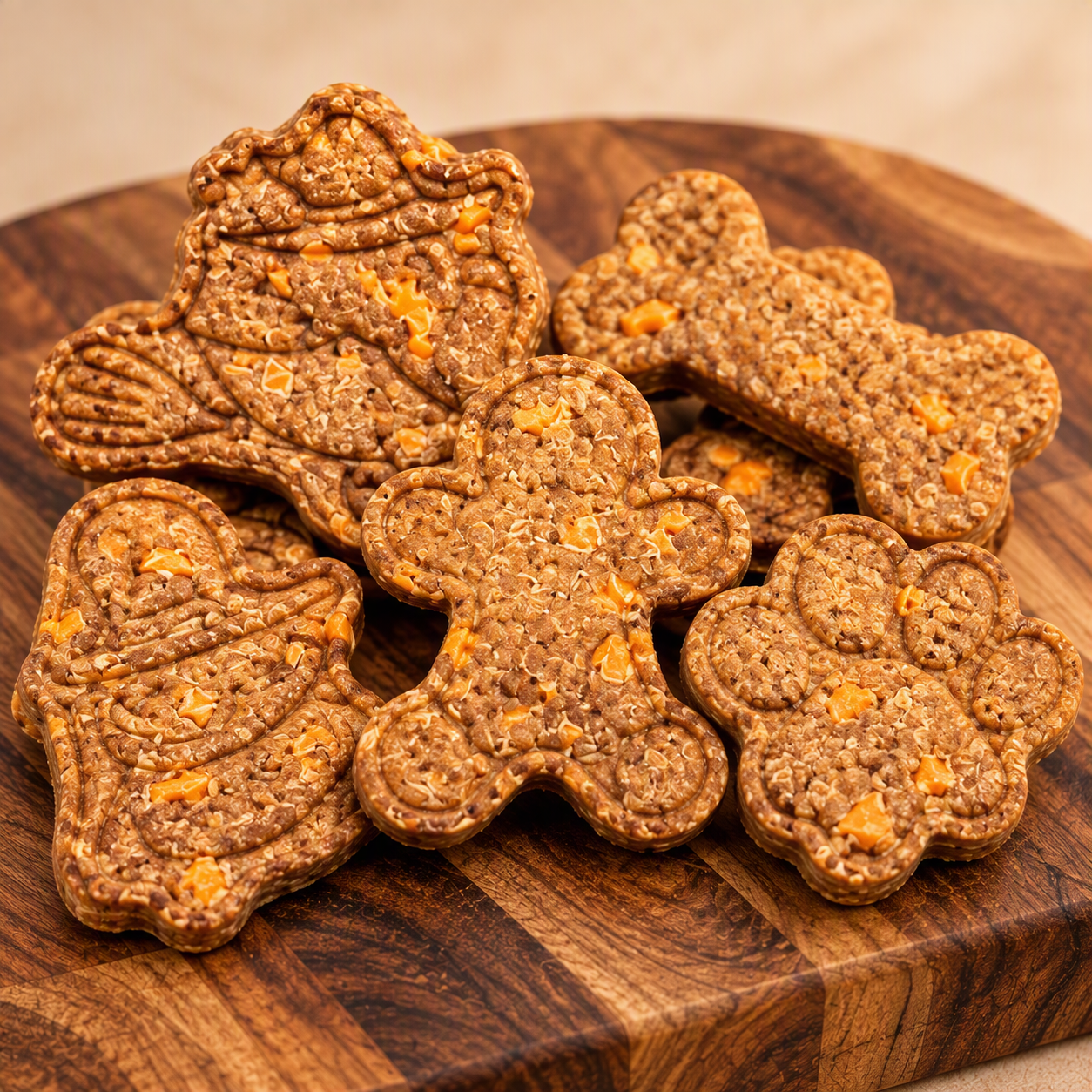 Heritage Cheddar biscuits arranged on a wooden board