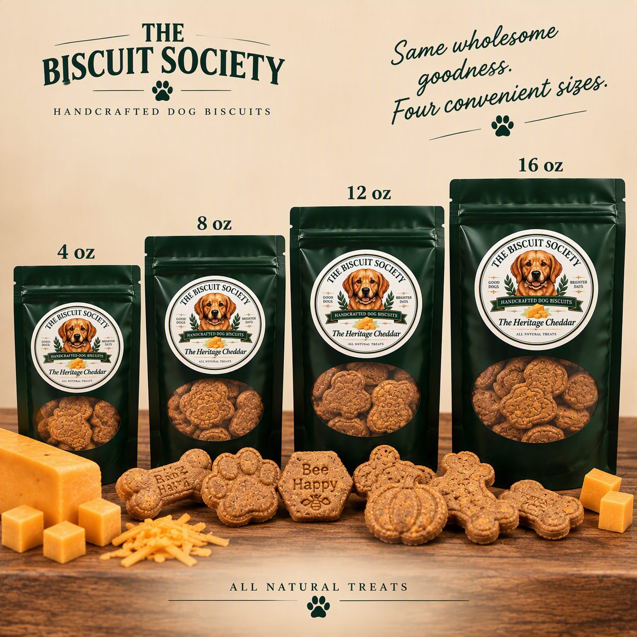 Heritage Cheddar bag size scale showing four available sizes
