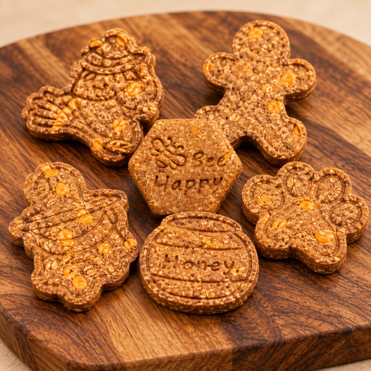 Honeyed Pumpkin biscuits arranged on a wooden board