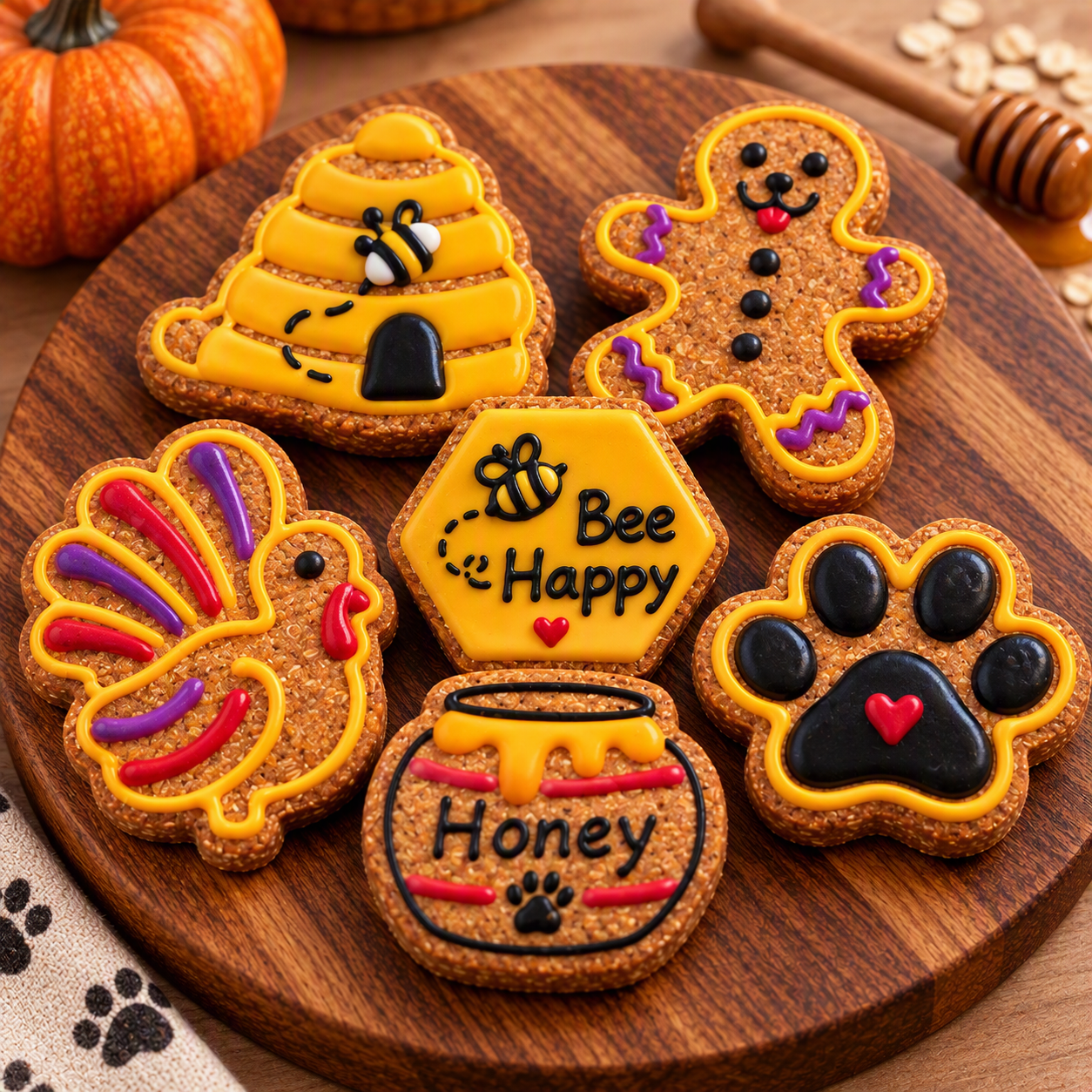 Close-up of The Honeyed Pumpkin Reserve coated biscuits showing colorful detail