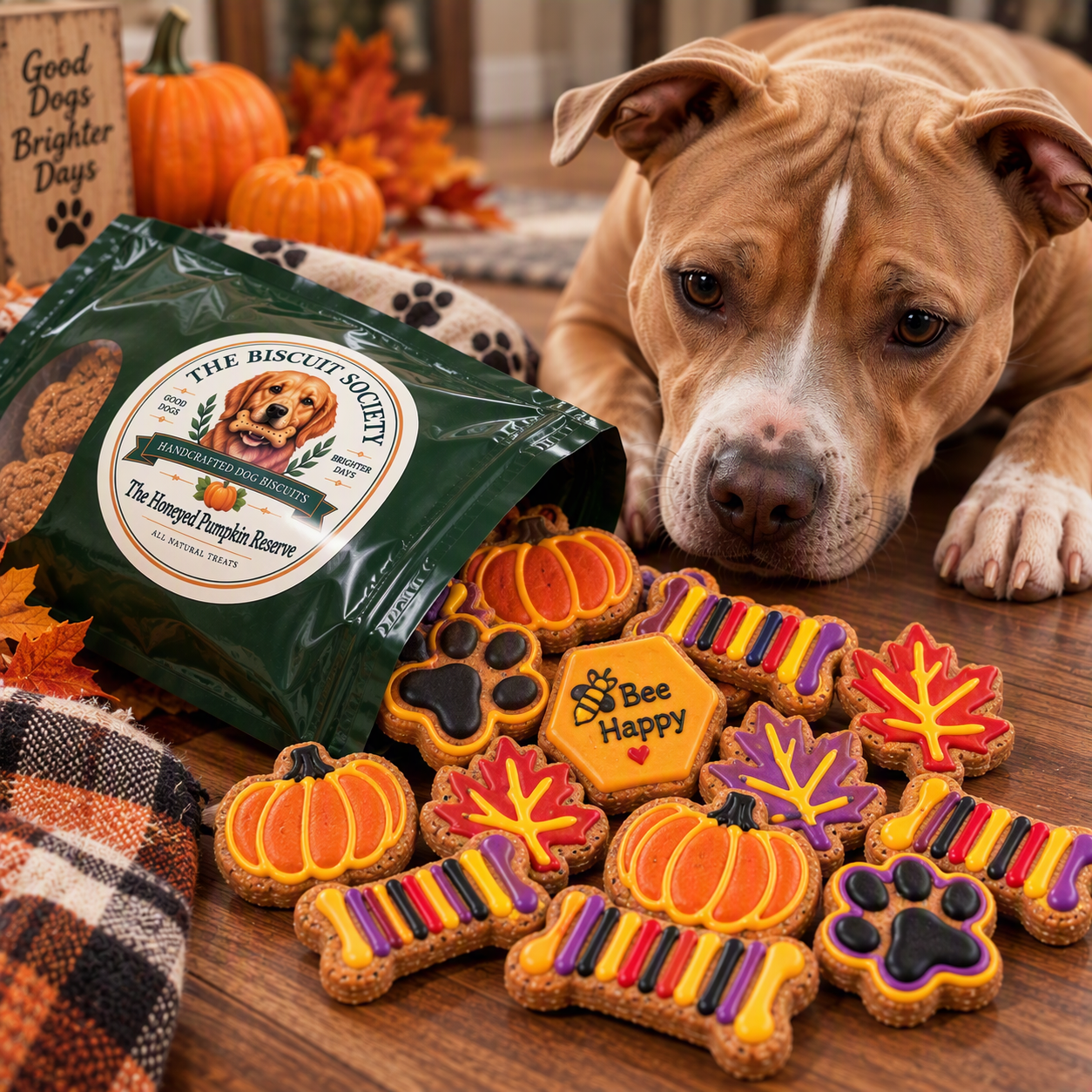 Dog with The Honeyed Pumpkin Reserve coated biscuits spilled from packaging