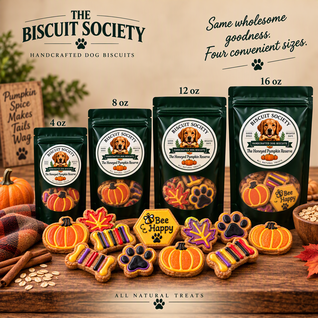 The Honeyed Pumpkin Reserve bags in all four sizes — 4 oz, 8 oz, 12 oz, and 16 oz