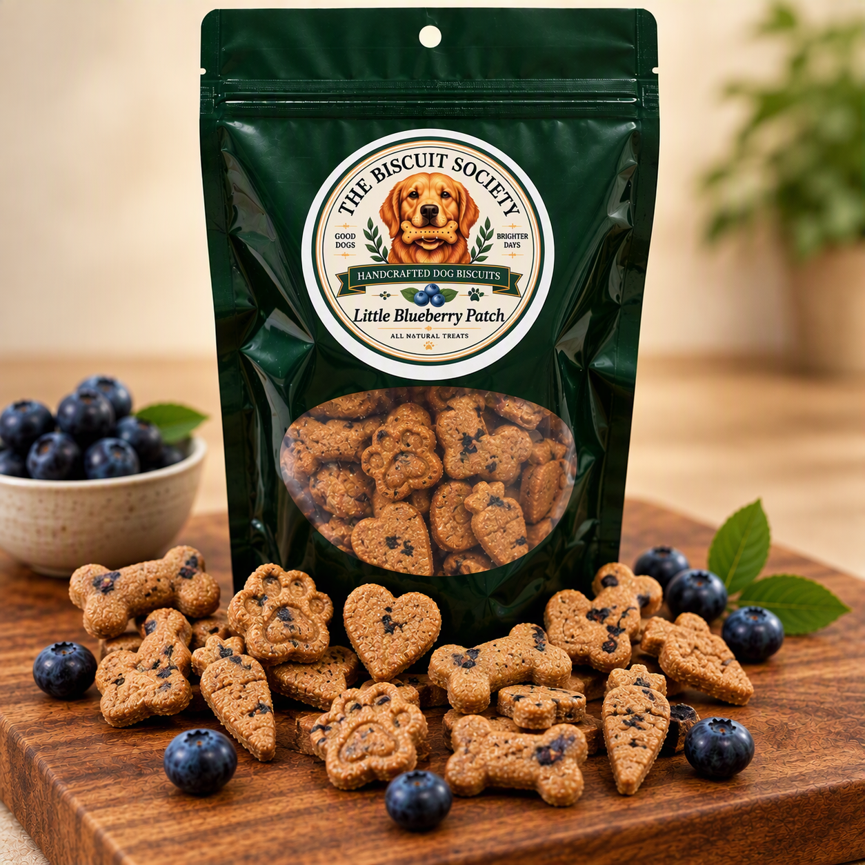 Little Blueberry Patch handcrafted small dog biscuits in bone, heart, paw, and carrot shapes with blueberries and dark green Biscuit Society packaging