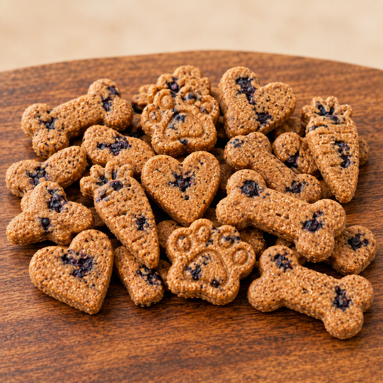 Little Blueberry Patch biscuits — small cut-out paw, heart, and bone shapes