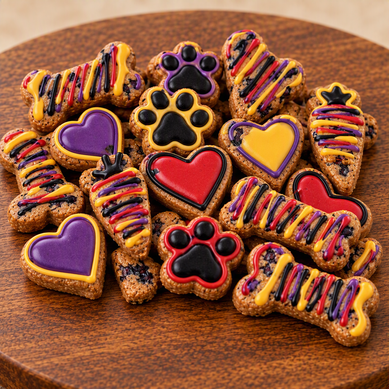 Close-up of Little Blueberry Patch Reserve coated biscuits showing colorful icing detail