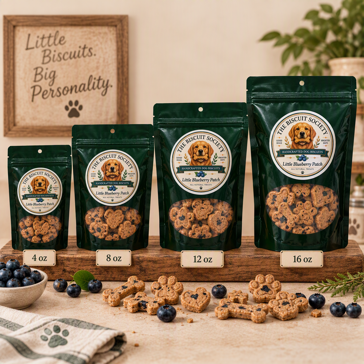 Little Blueberry Patch bags in all four sizes — 4 oz, 8 oz, 12 oz, and 16 oz