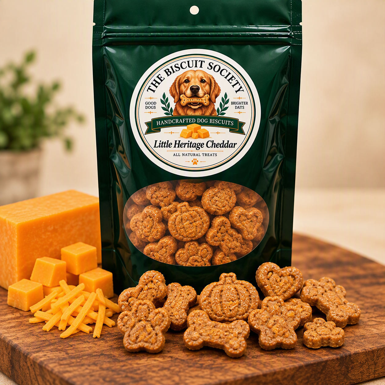 Little Heritage Cheddar handcrafted small dog biscuits with visible cheddar pieces, displayed with dark green Biscuit Society packaging