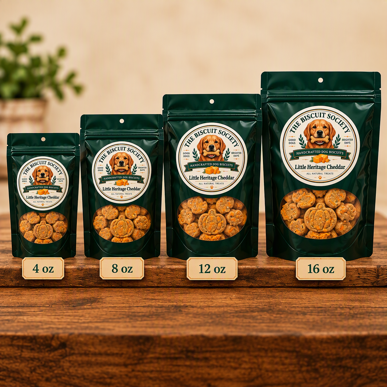 Little Heritage Cheddar bags in all four sizes — 4 oz, 8 oz, 12 oz, and 16 oz