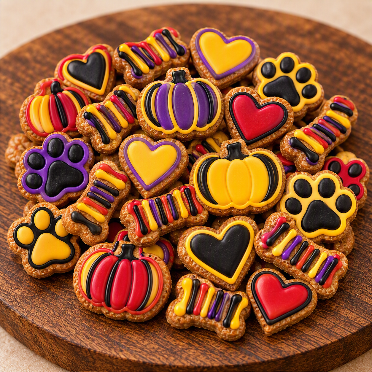 Close-up of Little Honeyed Pumpkin Reserve coated biscuits showing autumn-themed pumpkin and paw print icing detail