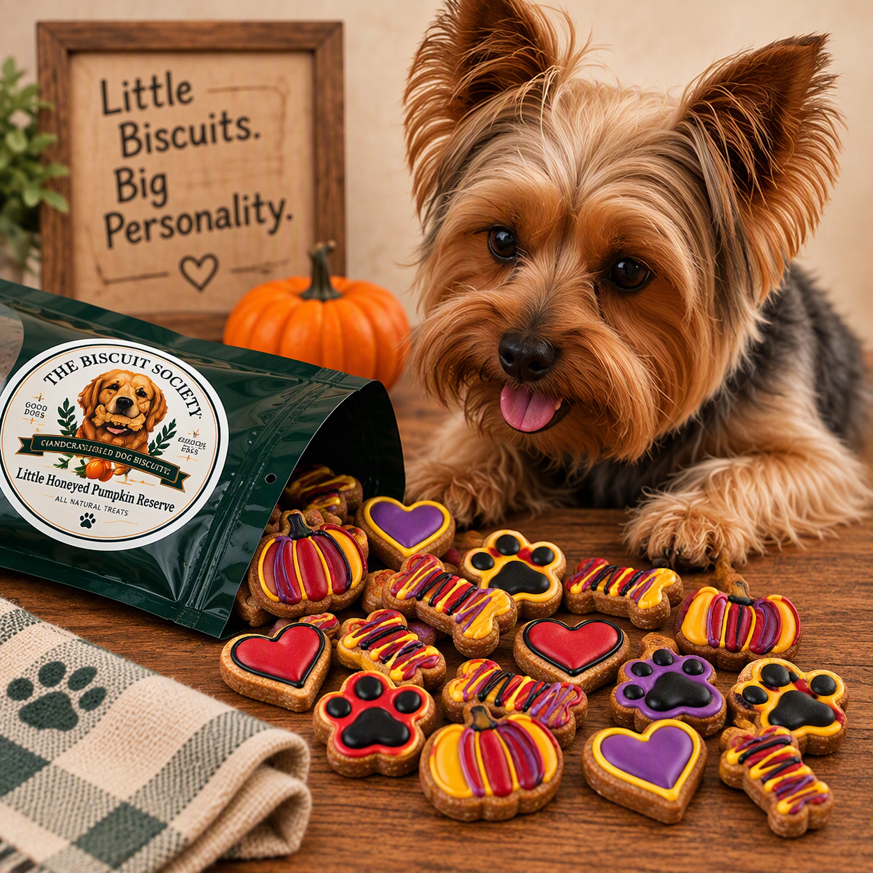 Yorkshire Terrier with Little Honeyed Pumpkin Reserve coated biscuits spilled from packaging