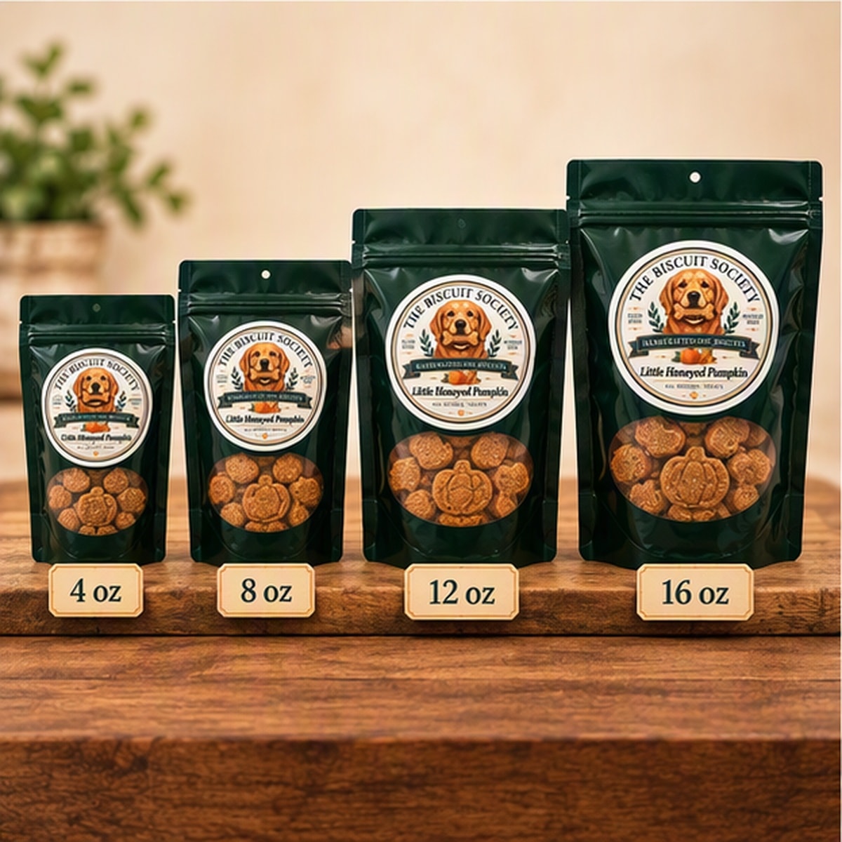 Little Honeyed Pumpkin bags in all four sizes — 4 oz, 8 oz, 12 oz, and 16 oz