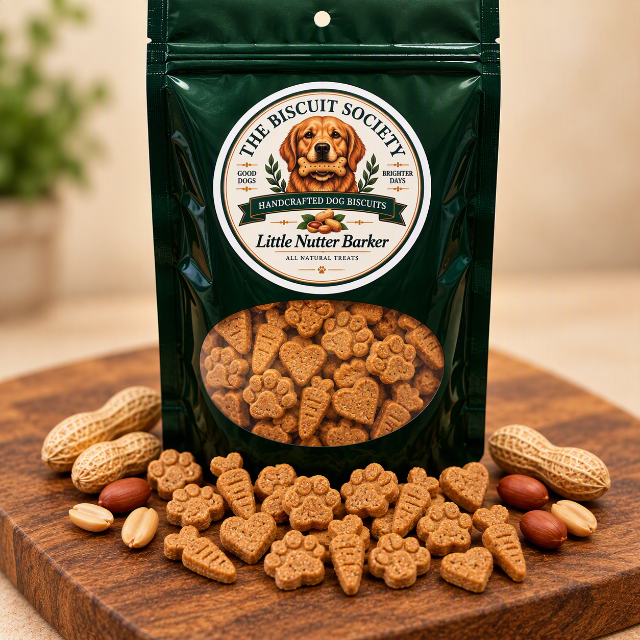 Little Nutter Barker handcrafted small peanut butter dog biscuits in paw, heart, and carrot shapes displayed with dark green Biscuit Society packaging
