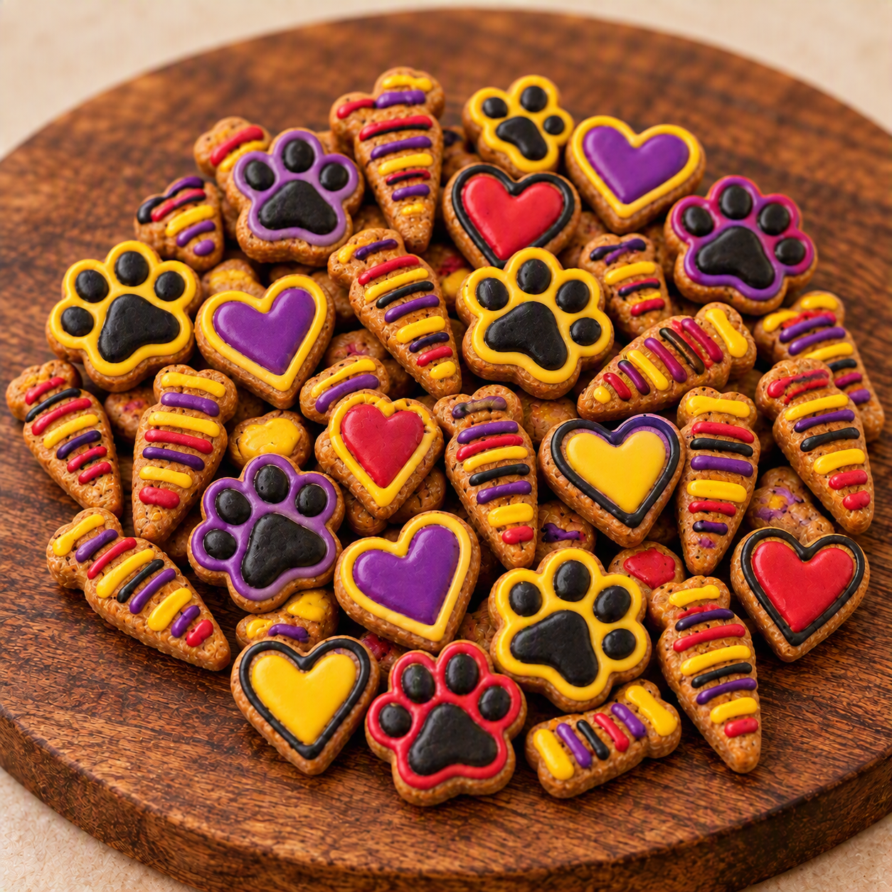 Close-up of Little Nutter Barker Reserve coated biscuits showing colorful icing detail