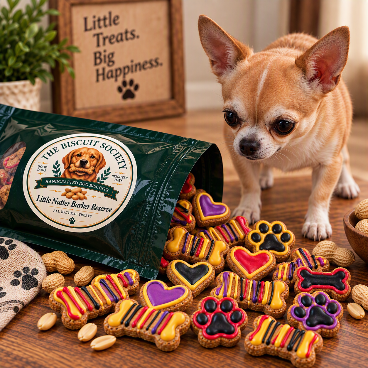 Small dog with Little Nutter Barker Reserve coated biscuits spilled from packaging