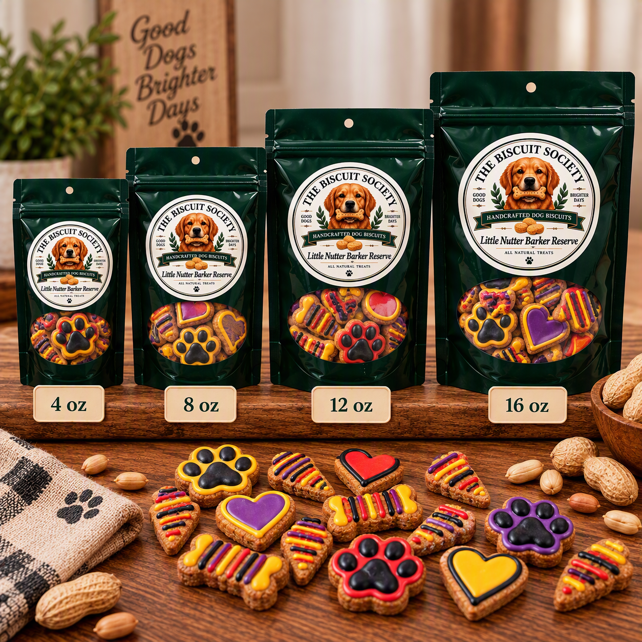 Little Nutter Barker Reserve bags in all four sizes — 4 oz, 8 oz, 12 oz, and 16 oz