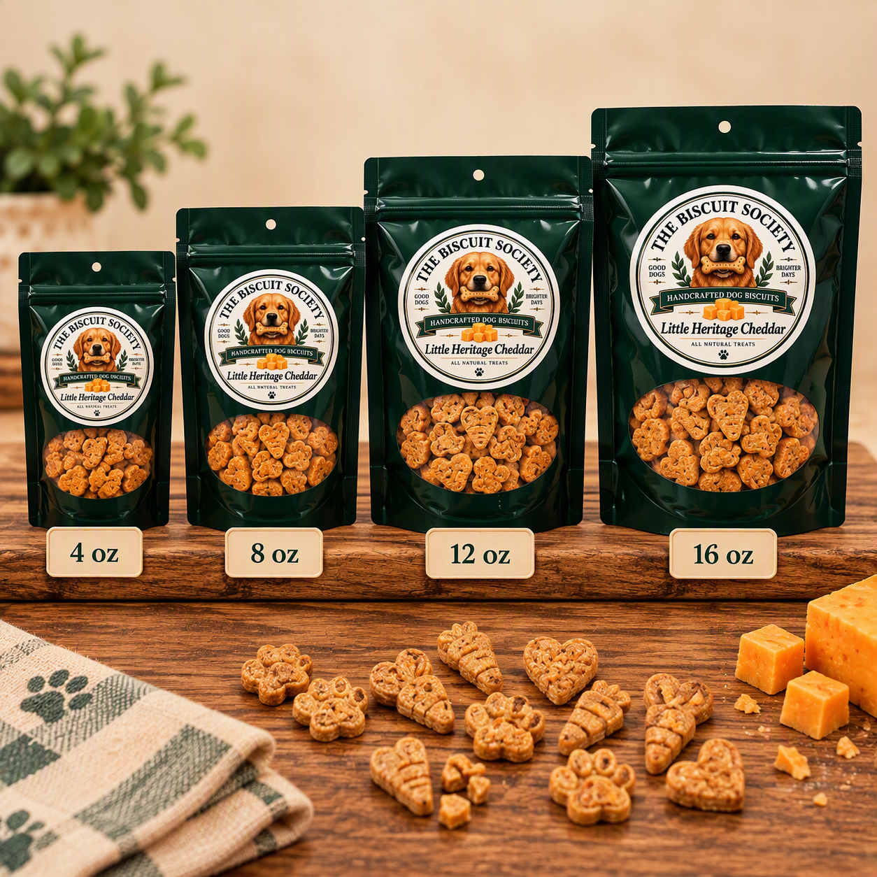 Little Nutter Barker bags in all four sizes — 4 oz, 8 oz, 12 oz, and 16 oz