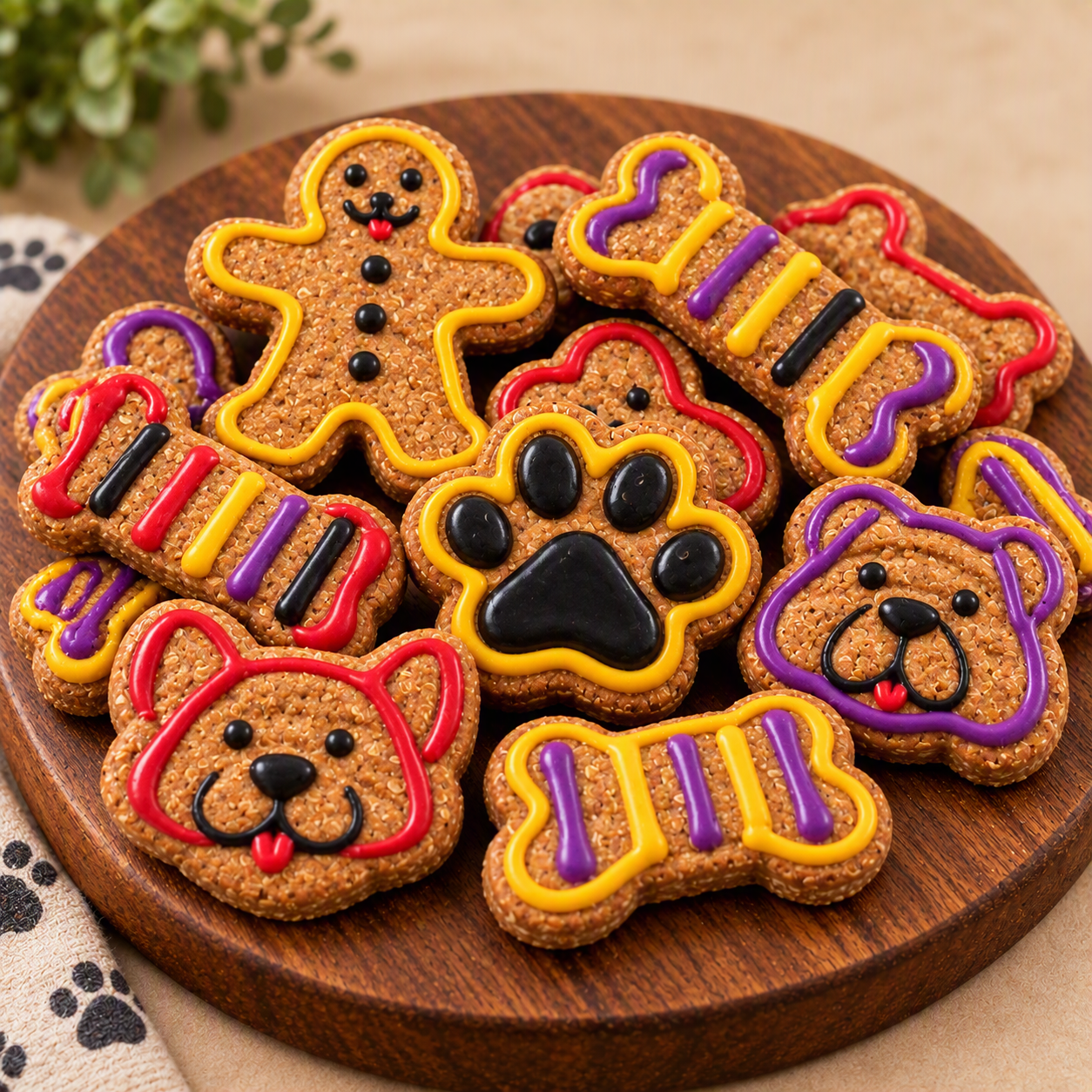 Close-up of The Nutter Barker Reserve coated biscuits showing colorful detail on round wooden board