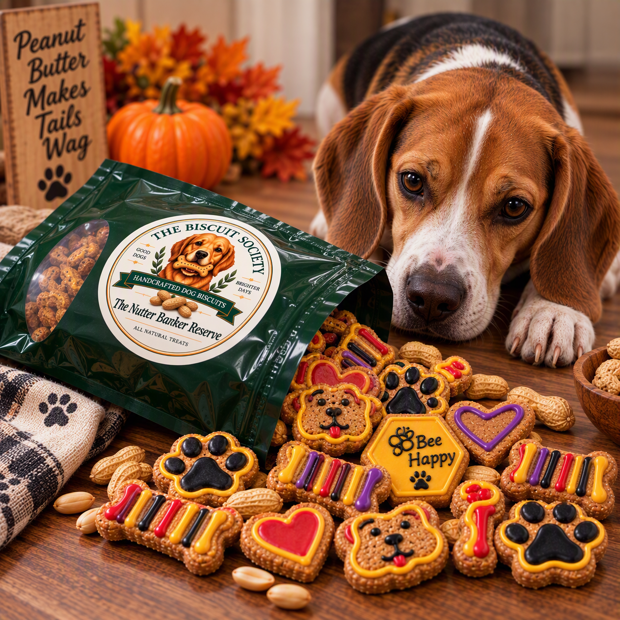 Beagle with The Nutter Barker Reserve coated biscuits spilled from packaging