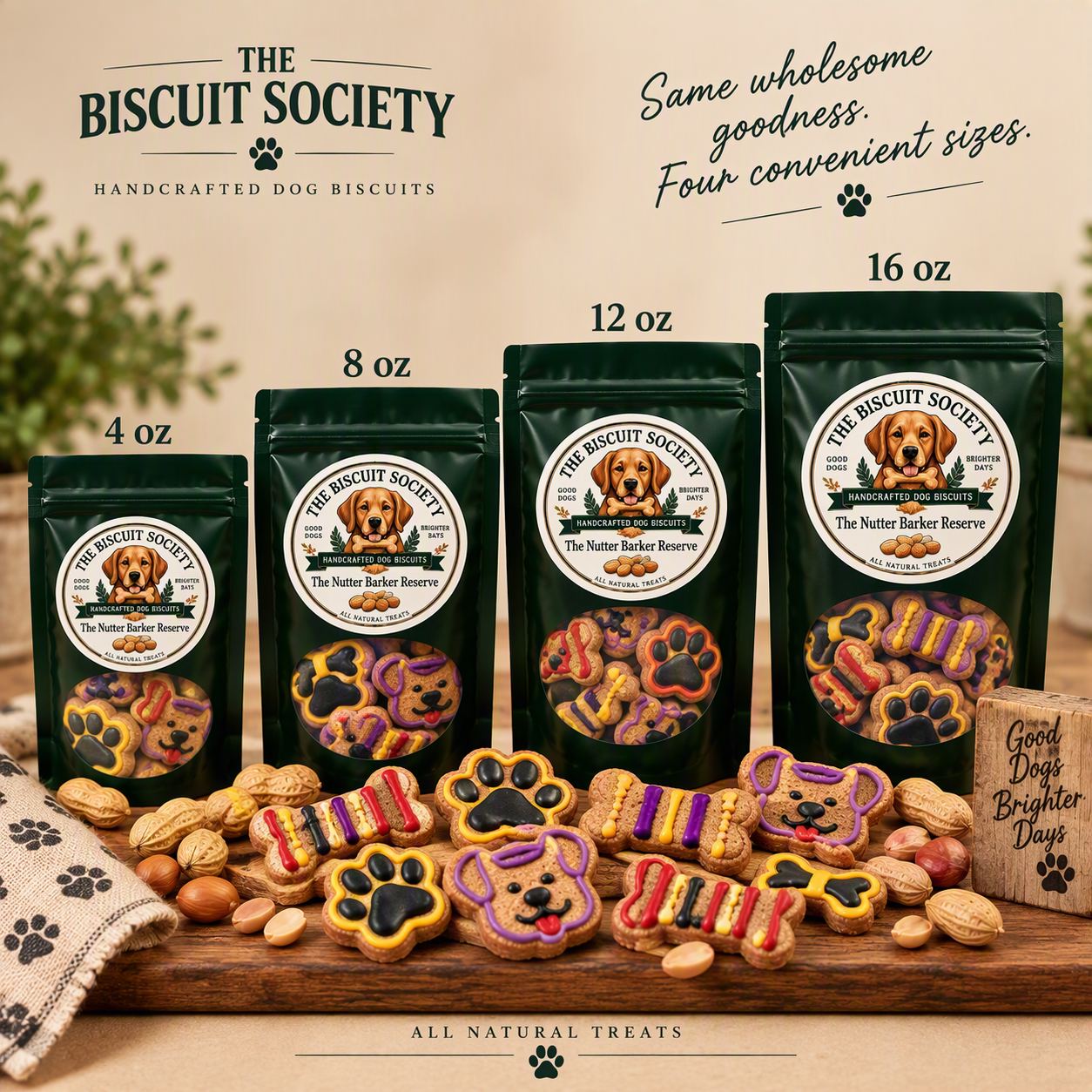 The Nutter Barker Reserve bags in all four sizes — 4 oz, 8 oz, 12 oz, and 16 oz