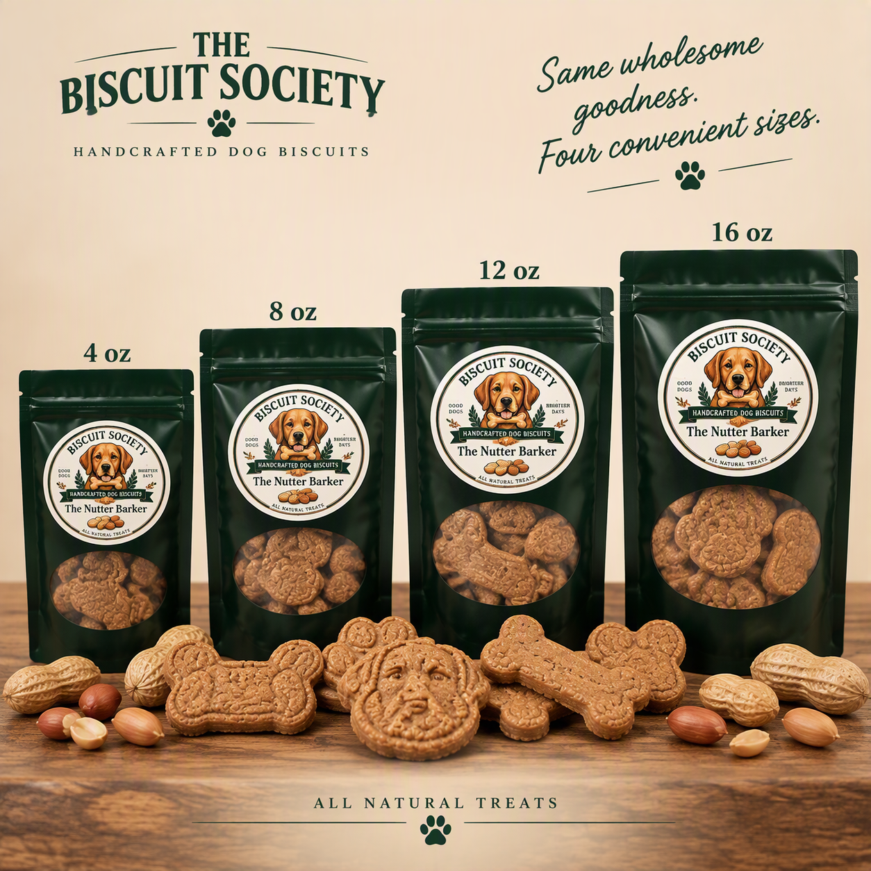 Nutter Barker bags in all four sizes — 4 oz, 8 oz, 12 oz, and 16 oz — with biscuits and peanuts